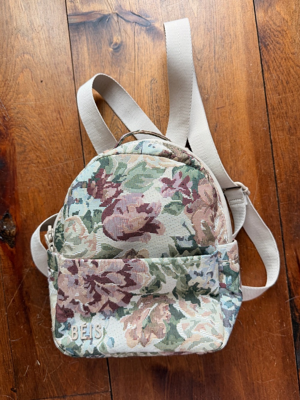 NWOT BEIS Mini Backpack in Vintage Floral - Green, Cream, Pink, Tan